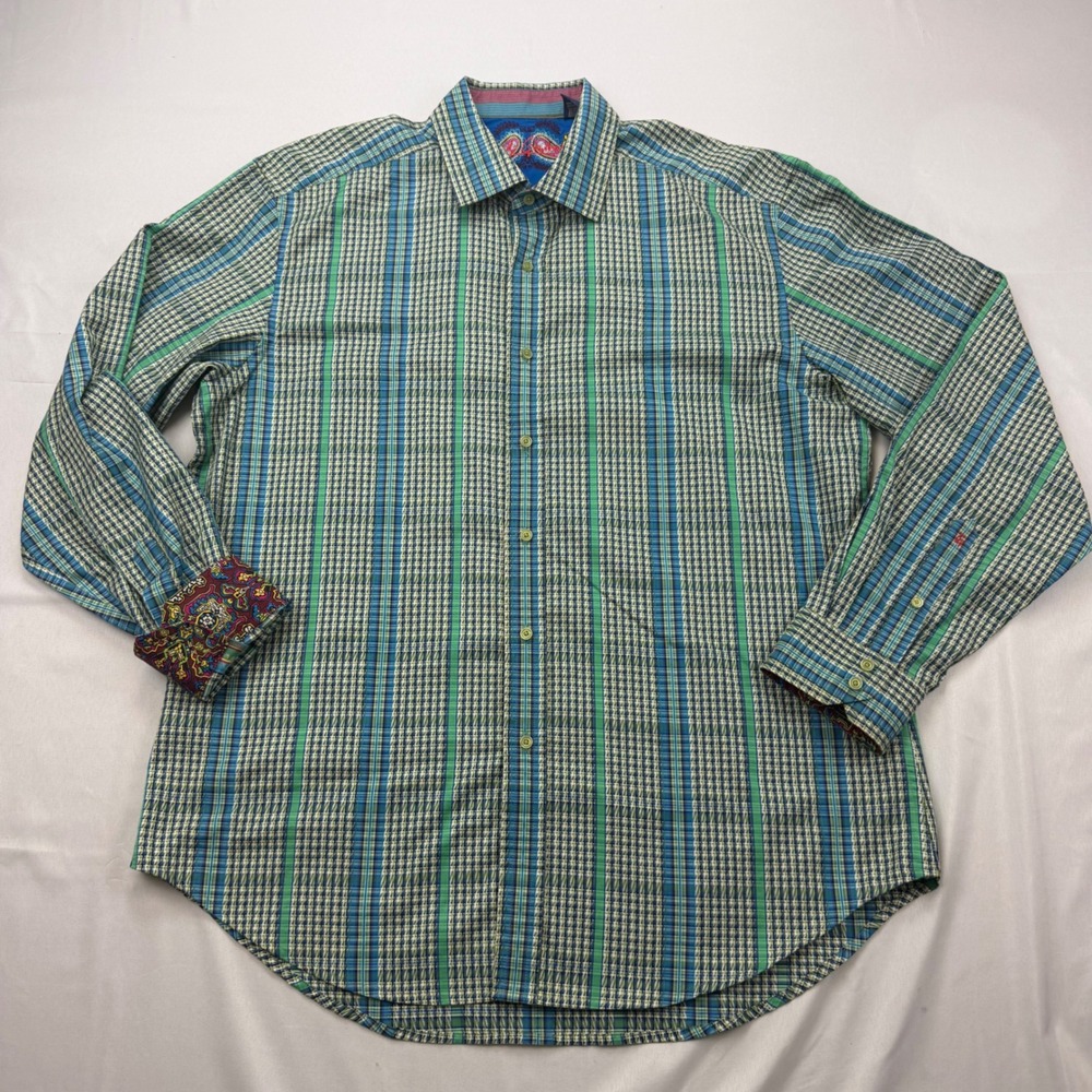 Robert Graham Button Down Mens XL Green Blue Plaid Floral Embroidered Cuff Shirt